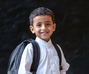 Smiling Saudi Arabian Boy Student Carrying Backpack with Confident Expression