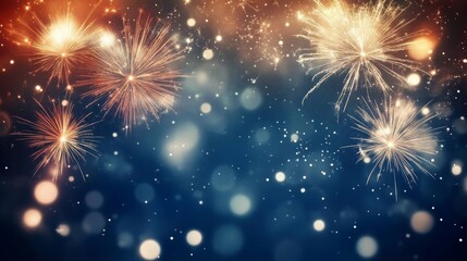 Colorful fireworks bursting in night sky, creating festive bokeh effect with dark blue background and scattered white dots.