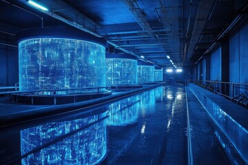 Blue glowing tanks in a large room. This photo can be used for projects related to technology, data storage, or science.