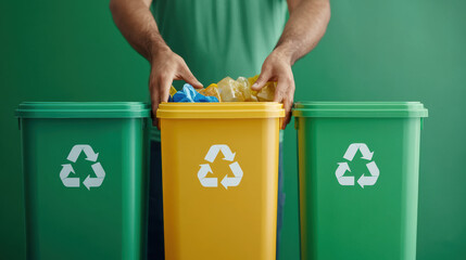 Sorting waste into recycling bins promotes sustainability and environmental awareness. image shows hands organizing materials into green, yellow, and blue bins for effective waste management