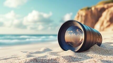 Camera lens reflection photography lying on the beach