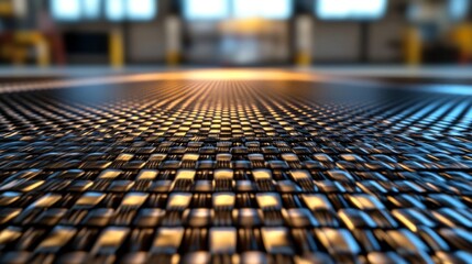 Close-up of a Black and Gold Woven Carbon Fiber Material