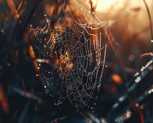 intricate spider web with dew, sunlit and detailed textures, nature s symmetry