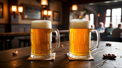 Two ice-cold mugs of beer on an old wooden table in a pub