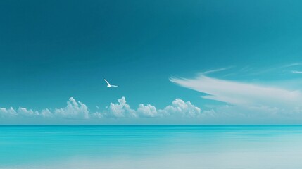 Wall Mural - Serene coastal landscape under a bright sky with soft clouds and a single bird flying above the tranquil ocean waters