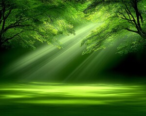Wall Mural - A serene forest scene bathed in radiant green light with trees casting gentle shadows on the lush ground below