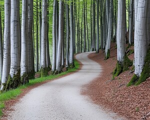 Wall Mural - Serene pathway through a lush forest discover the beauty of nature's tranquil landscape and explore the majestic trees along the winding trail