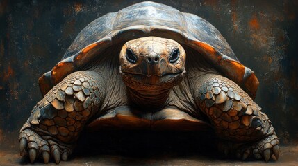 Wall Mural - A large, brown tortoise with a textured shell stares directly at the camera with its mouth slightly open.