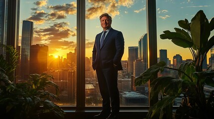 Businessman by panoramic windows with city skyline, modern office, sunset light