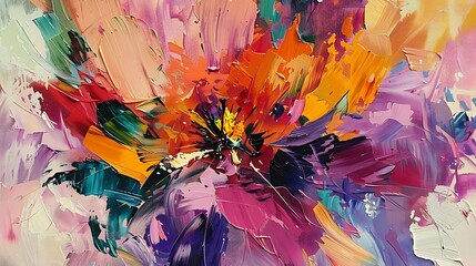 A flower painting in an abstract expressionist style, using layers of rich, contrasting colors and dynamic brushstrokes to convey the intensity of a blooming garden. 8k UHD, suitable for high-quality 