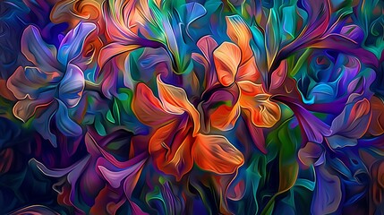 A flower painting in an abstract expressionist style, using layers of rich, contrasting colors and dynamic brushstrokes to convey the intensity of a blooming garden. 8k UHD, suitable for high-quality 