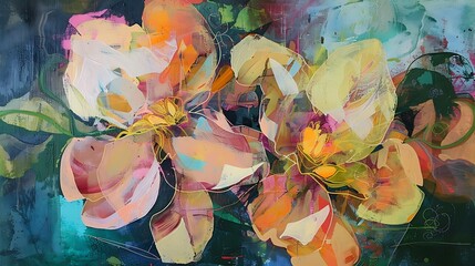 A flower painting with an abstract expressionist approach, using swirling colors and layered textures to portray flowers in a dreamlike, emotional landscape. 8k UHD, suitable for high-quality 