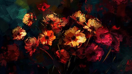 Wall Mural - An expressionist painting of flowers, with exaggerated forms and vibrant colors set against a dark background, giving a dramatic and intense visual impact. 8k UHD, suitable for high-quality 