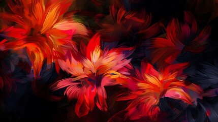 Wall Mural - An expressionist painting of flowers, with exaggerated forms and vibrant colors set against a dark background, giving a dramatic and intense visual impact. 8k UHD, suitable for high-quality 