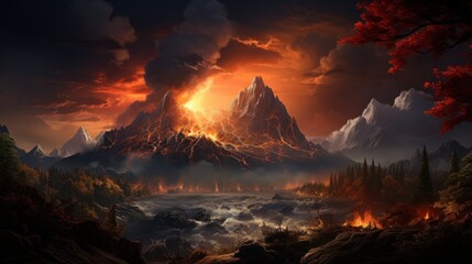 A fiery volcanic eruption illuminates the sky, casting an orange glow over a mountain range with snow-capped peaks and a forested valley.