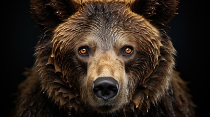 close-up portrait of a wet brown bear with intense orange eyes staring directly at the camera agains