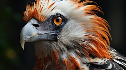 Wall Mural - A close-up portrait of a Philippine eagle with its bright orange and white feathers, sharp beak, and intense yellow eyes.