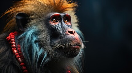 Wall Mural - A close-up portrait of a Gelada Baboon, a primate native to Ethiopia, against a dark background.