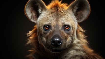 Wall Mural - A close-up portrait of a hyena with piercing orange eyes and a serious expression, looking directly at the camera.