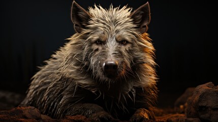 Wall Mural - A wolf with piercing yellow eyes stares intensely at the camera, sitting on a bed of dirt.