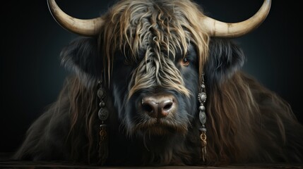 Wall Mural - Close-up portrait of a Highland Cow with long, shaggy fur and horns, wearing a beaded necklace.