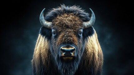 Wall Mural - A close-up portrait of a majestic bison with a dark background, capturing its powerful presence and fierce gaze.