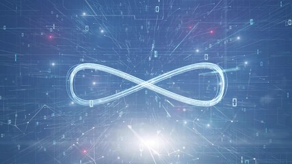 Sticker - loop infinite symbol on digital technology network background.