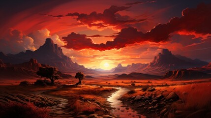 Wall Mural - A picturesque sunset paints the sky with vibrant hues of orange and red, casting a warm glow over a vast valley with a winding river meandering through the landscape.