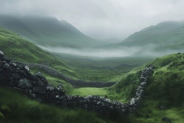 Wall Mural - A rugged highland landscape with rolling green hills, ancient stone walls