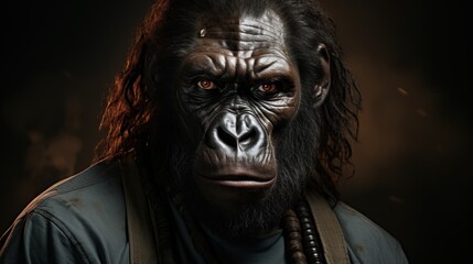 Wall Mural - Close-up portrait of a powerful gorilla with intense red eyes, looking directly at the camera against a dark background.