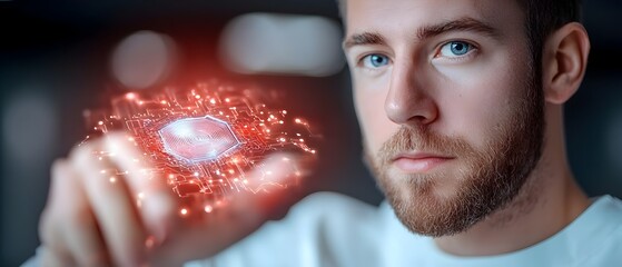Businessman interacts with a glowing circuit board surrounded by neon lighting symbolizing technology innovation and machine learning advancements in the corporate and business world