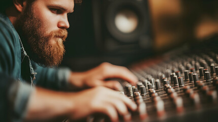 Sound engineer working on vintage mixing console in dimly lit recording studio