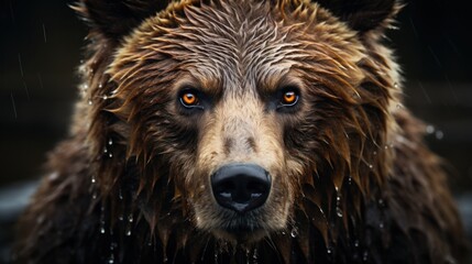 Wall Mural - Close-up portrait of a brown bear with wet fur and intense eyes staring directly at the camera.