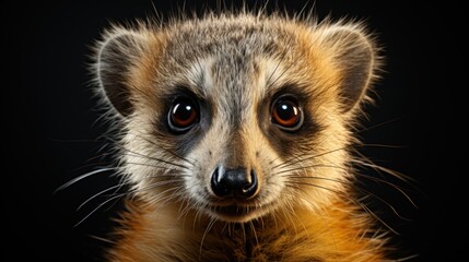 Wall Mural - A close-up portrait of a small, furry, brown and white banded mongoose with large, dark eyes and a black nose, looking directly at the camera against a dark background.