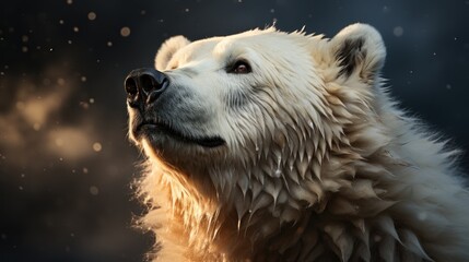 Wall Mural - Close-up portrait of a white polar bear with wet fur looking up at the sky with a dark blue background.