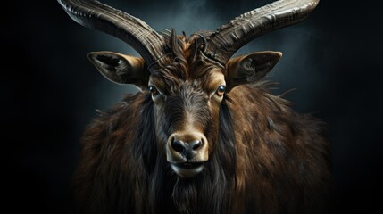Wall Mural - A close-up portrait of a majestic, shaggy-haired goat with large horns and intense eyes, set against a dark, moody backdrop.