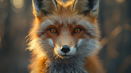 Wall Mural - A close-up portrait of a red fox with a blurred background.  The fox is looking directly at the camera with its bright, yellow eyes.