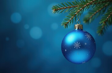 Wall Mural - a lonely blue christmas glass ball, blue in color, hanging from a pine branch.blue background.