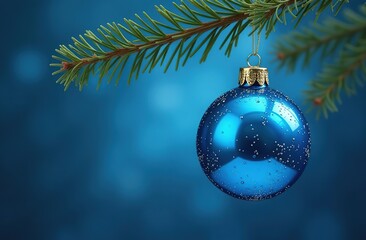 Wall Mural - a lonely blue christmas glass ball, blue in color, hanging from a pine branch.blue background.