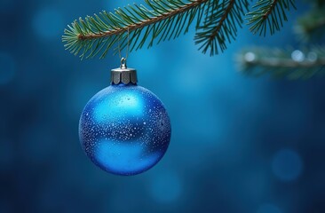 a lonely blue christmas glass ball, blue in color, hanging from a pine branch.blue background.