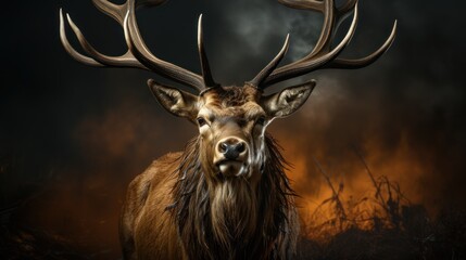 Wall Mural - A majestic red deer stag with large antlers stands against a backdrop of smoke and fire, looking directly at the camera.