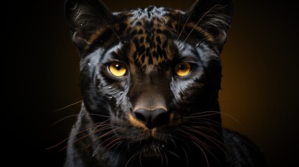 Wall Mural - Close-up portrait of a black jaguar with golden eyes staring directly at the camera.