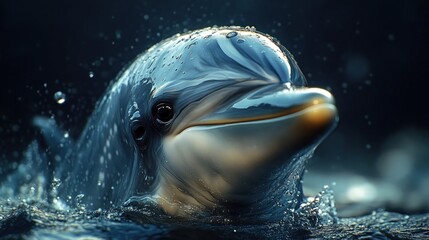 Wall Mural - A close-up portrait of a dolphin with water droplets on its face.