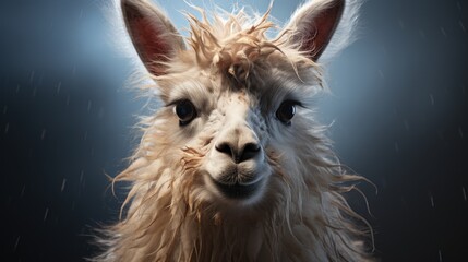 Wall Mural - A white llama with a wet, fluffy coat stands in front of a dark blue background with rain falling. The llama has a curious expression on its face, looking directly at the viewer.