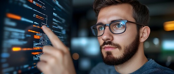 Businessman touching and interacting with an machine learning system displayed on a virtual screen surrounded by big data and computer code