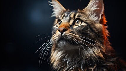 Wall Mural - A close-up portrait of a Maine Coon cat with piercing yellow eyes, looking upwards against a dark background.