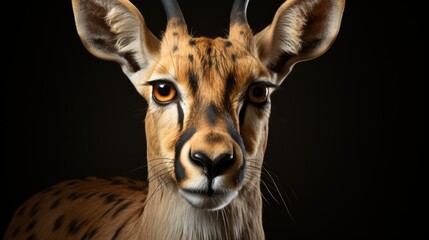 Wall Mural - A close-up portrait of a graceful gazelle with large, expressive eyes and a black nose against a dark background.