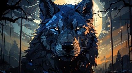 Wall Mural - A polygonal wolf with glowing eyes stares intensely at the viewer, set against a backdrop of a moonlit forest.