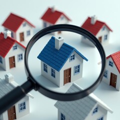 Close-up of magnifying glass focused on blue roof house model surrounded by other houses real estate search concept high resolution photography real estate 