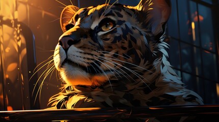 Wall Mural - A close-up portrait of a wild cat with golden eyes, illuminated by warm light, with a blurred background of a window.